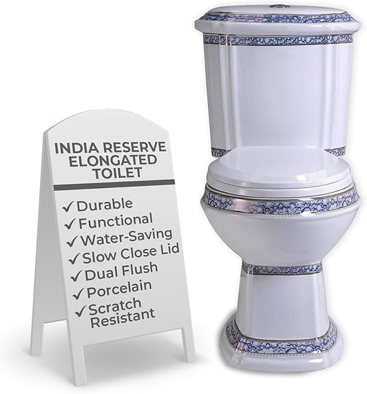 Renovators Supply India Reserve Elongated Two Piece Bathroom Toilet Modern Blue Gold Colour Dual Flush Push Button Slow Close Toilet Seat 0.8/1.6 GPF WaterSense ADA Heavy Duty Porcelain Oval