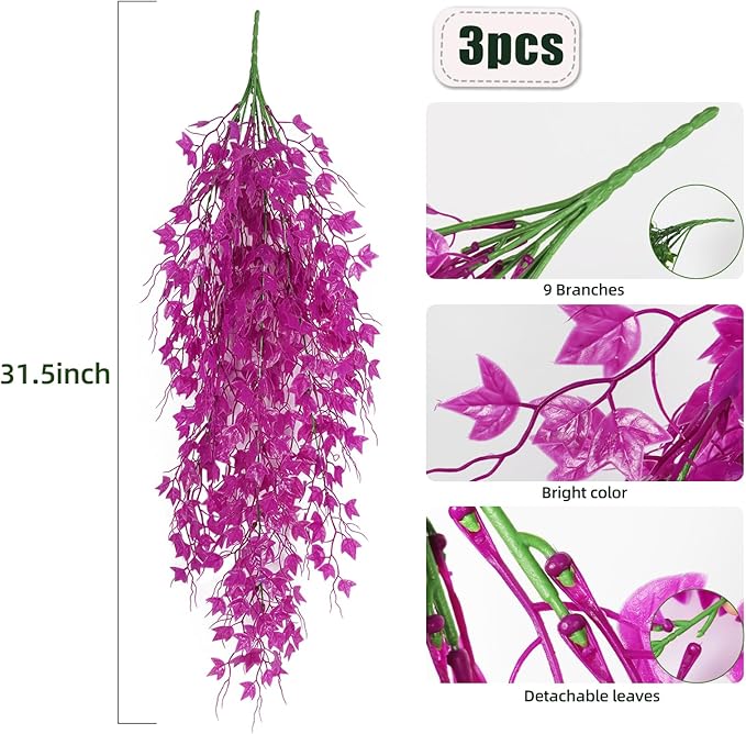 RECUTMS Fake Hanging Plants Artificial Ivy Leaf Faux Vine Plants Outdoor Artificial Hanging Plants Fake Plant Wall Decor Indoor UV Resistant Plants Home Room Decoration(Pure Fuchsia)
