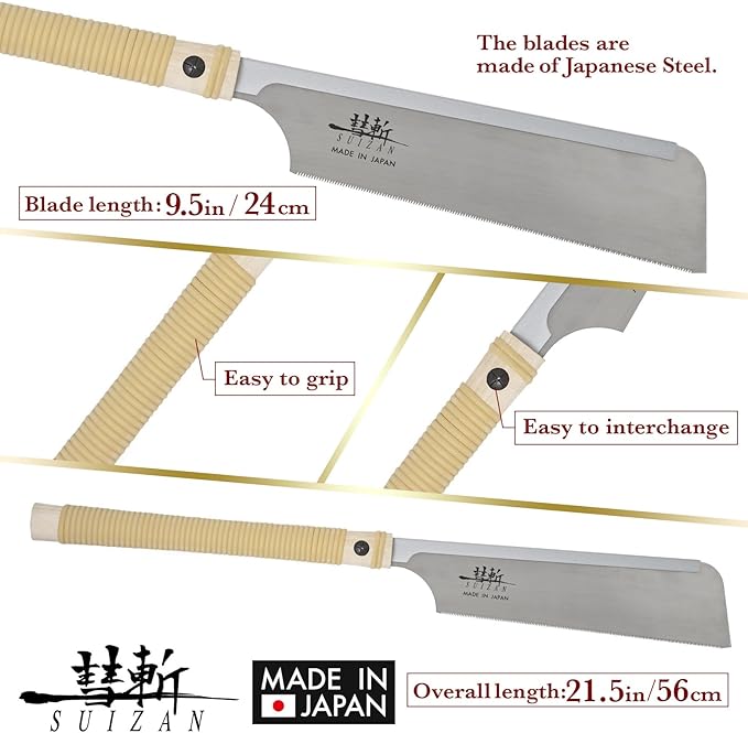 SUIZAN Dozuki Dovetail Saw 9.5" Rip Cross Angle Cut - Professional Japanese Pullsaw Handsaw Woodworking Tools
