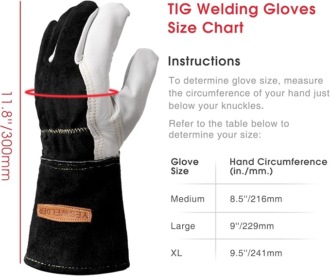 YESWELDER Premium Goatskin TIG Welding Gloves | Top Grain Leather | High Dexterity |True - Fit-M