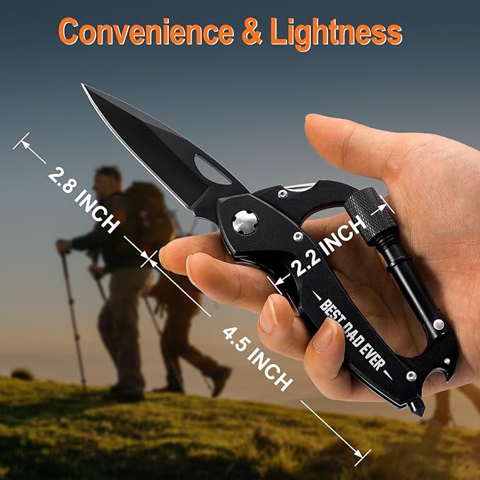 Birthday Gifts for Dad Him Husband, Multitool Carabiner With "Best Dad Ever", EDC Carabiners with Folding Knives, Bottle Opener, Window Breaker and Screwdriver, Survival Gear for Camping Hiking