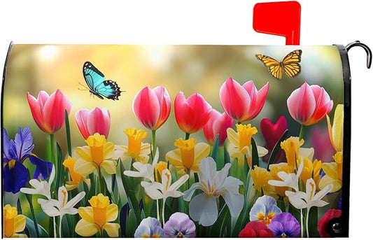 Spring Flowers Mailbox Covers Magnetic Standard Size 21’’x18’’ Floral Butterfly Letter Box Wrap Spring Summer Seasonal Waterproof Post Letter Box Wrap Decor for Home Outdoor Garden Yard