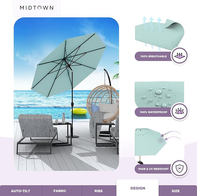Midtown Umbrellas 10-Year-No-Fade - 9 Ft - UV Proof Seawater Aqua Polyester Fabric - Umbrella Outdoor Patio, Auto-Tilt Aluminum Frame Patio Umbrella for Garden, Pool & Deck - Black Pole