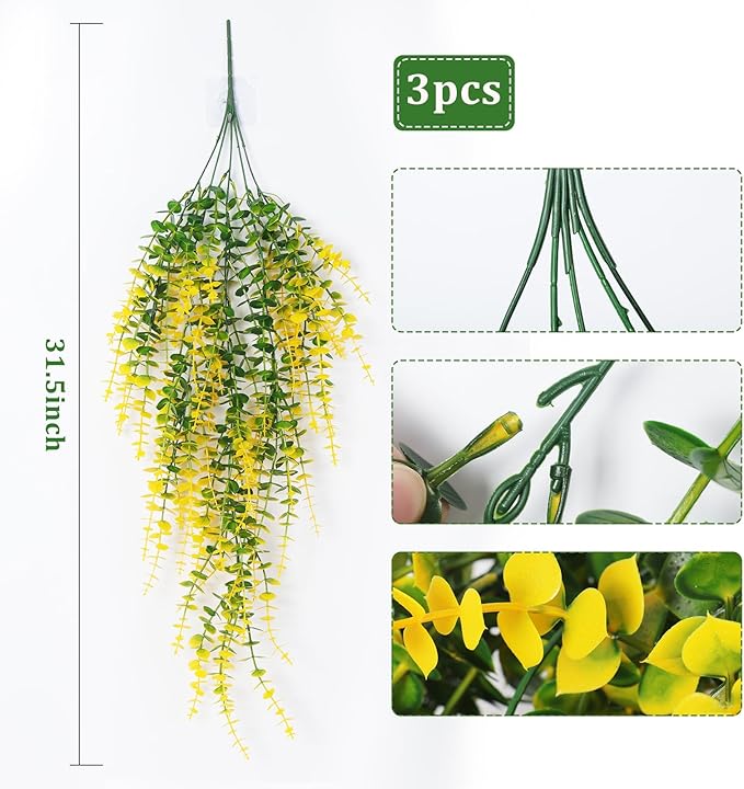 RECUTMS Artificial Plants Hanging Outdoor Fake Plants Hanging Vines Faux Eucalyptus Leaves Greenery Vines Fake Vines Plants for Room Wall Decor Garden Outdoor Wedding Courtyard Decoration(Yellow)