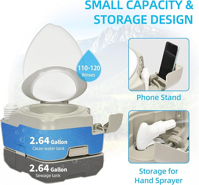 YITAHOME Portable Toilet 2.64 Gal Camping Porta Potty with Diagonal Enlargerd Bowl, Hand Sprayer and Press Flush Pump, Space Saving Indoor Outdoor Toilet for Adults, RV Travel, Boat and Trips
