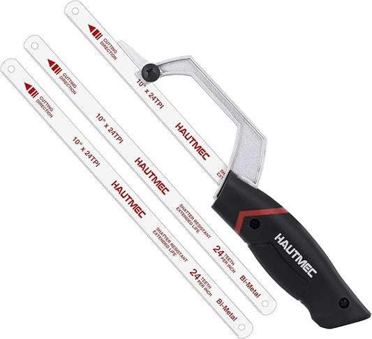 HAUTMEC Mini Hacksaw, 10" Compact Hacksaw with Cutting Guide Design, Tool-Free Blade Change, Compatible with 10"/12" Blades, Lightweight Hack Saw for Metal, PVC & Wood Cutting – HT0426