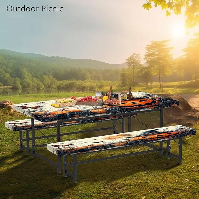 CAPSCEOLL Fitted Picnic Table Cover with Bench Covers with Elastic 8Ft Waterproof Picnic Table Cloths Windproof Outdoor Camping Tablecloth with Drawstring Bag, 96X30in, Halloween Pumpkins