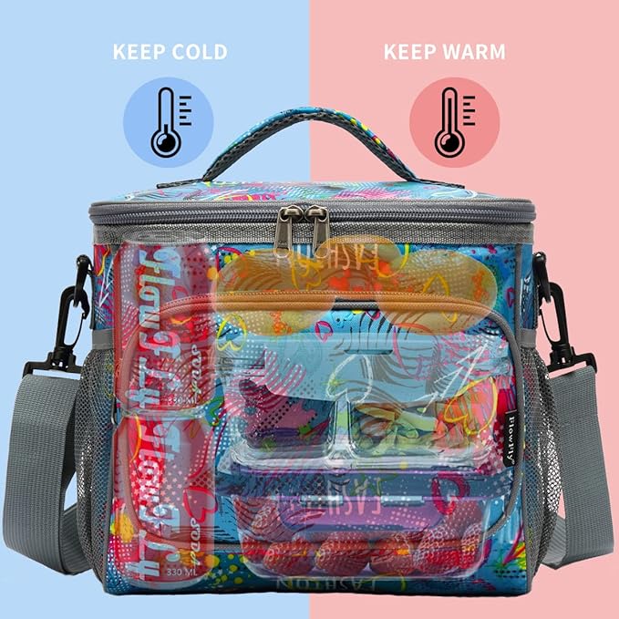 FlowFly Insulated Reusable Lunch Bag Adult Large Lunch Box for Women and Men with Adjustable Shoulder Strap,Front Zipper Pocket and Dual Large Mesh Side Pockets,Heart