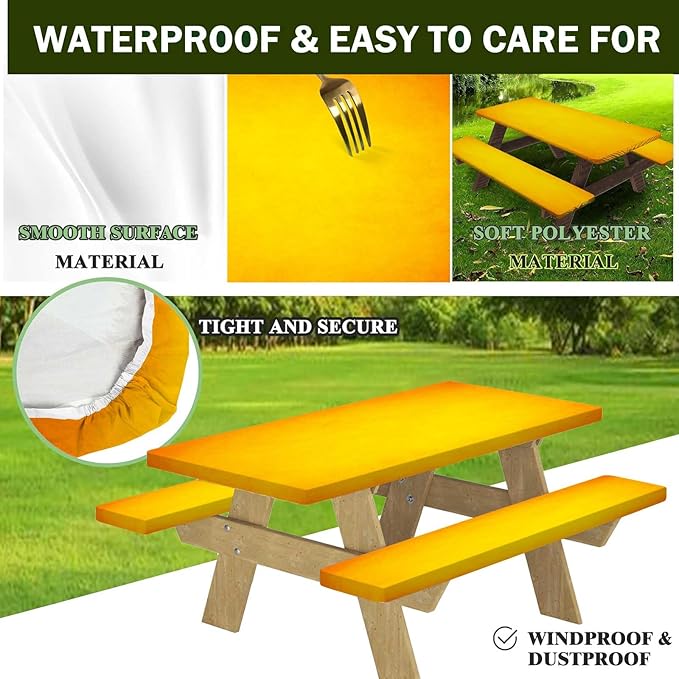 CAPSCEOLL Fitted Picnic Table Cover with Bench Covers with Elastic 6Ft Waterproof Camping Picnic Table Cover Cloths for Outdoors Camping Tablecloth with Drawstring Bag, 72X30in, Fall Yellow