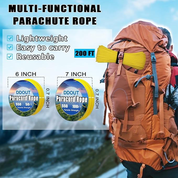 Paracord Nylon Rope Yellow 100ft with 7-Strand Core, 10 Colors and 50/100/200 ft, Type III Parachute Cord 4mm for Camping, Survival, Hiking, DIY, Crafting, Outdoor Utility Rope