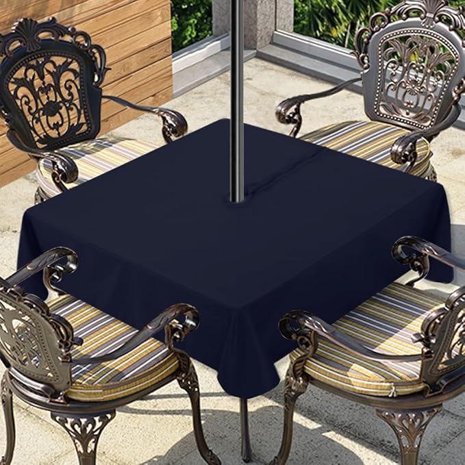 LUSHVIDA Square Outdoor Tablecloth with Umbrella Hole and Zipper, 60x60 Inch Navy, Washable Waterproof Table Cloth Spill Proof Wrinkle Free Table Cover for Patio Spring Summer Picnic BBQS