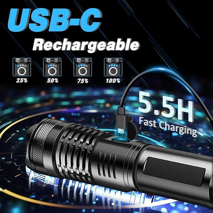 ISUNMEA Rechargeable Strong Flashlight, Zoomable LED Powerful Flashlights 1500LM High Lumens w/ 5 Modes Waterproof Handheld Flash Light for Emergencies Outdoor Camping Hiking Home Power Outage 1-Pack