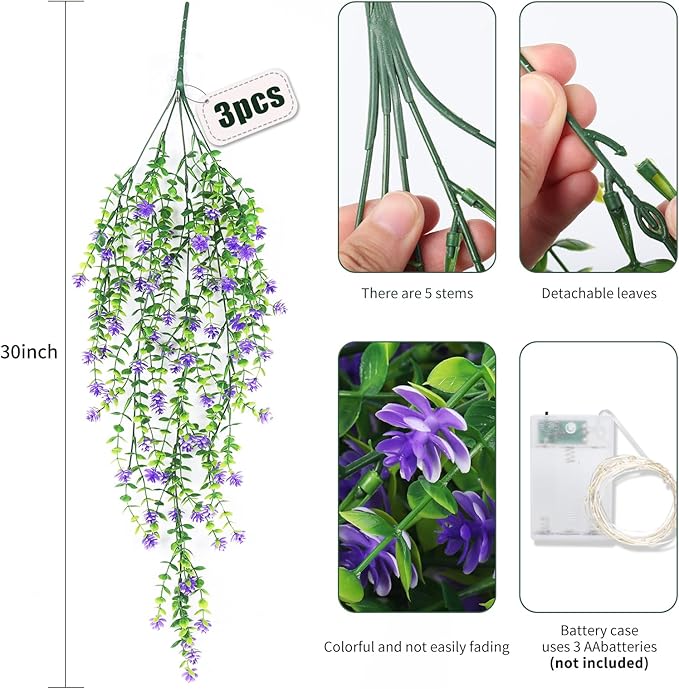 RECUTMS Artificial Hanging Plants Fake Hanging Plant Faux Hanging Plants UV Resistant Plastic Plants for Indoor Outdoor Room Wall Wedding Patio Porch Decor(Purple)