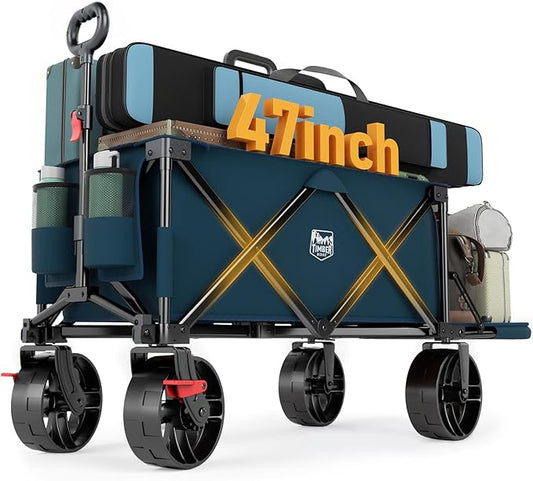 Timber Ridge 47" L Collapsible Wagon with Tailgate & Brake, 300lbs Heavy Duty Beach Wagon with All-Terrain Big Wheels, 250L Foldable Utility Cart for Sand Camping Sports Shopping, Blue