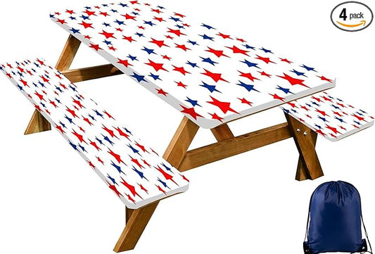 CAPSCEOLL Picnic Table Cover with Bench Covers 8Ft 4Th of July Waterproof Camping Tablecloth All-Weather Outdoor Table Protector with Drawstring Bag for Camping Essentials, 96X30In, Stars