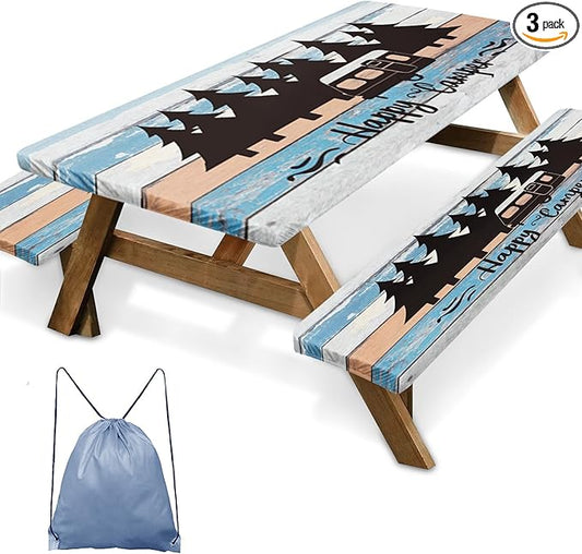 Picnic Table Cover with Bench Covers Elastic Edges, Blue Camper Fitted Table Cover, Outdoor Patio Camping Essentials 72 Inch 3PCS, Waterproof Camping Fitted Tablecloth with Drawstring Bag