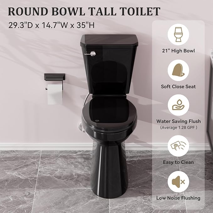 Simple Project Tall Toilet for Seniors 21 inch Extra High Toilets, Comfort Bowl Heigh 21", Seat Height 22", Two-Piece Toilet 1.28GPF Powerful, 12 Inch Rough-in, Black Color, Ada Toilets for Bathroom