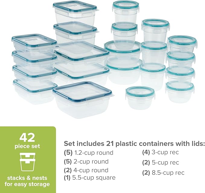 Snapware Total Solution (21-Pack) Large Plastic Food Storage Containers Set, Meal Prep Containers with BPA-Free Lids & 4 Locking Tabs, Microwave, Dishwasher, and Freezer Safe