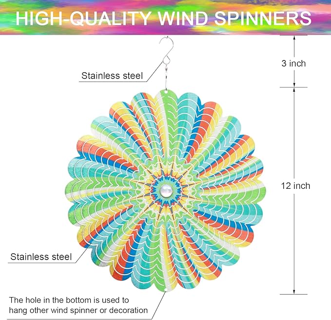 SPRING SONG Rainbow Mandala Kinetic Wind Spinner for Yard and Garden Stainless Steel Spinner Indoor and Outdoor Hanging Decor Crafts Ornaments Kinetic Art Spinner Hanging Wind Spinners Decor Gifts