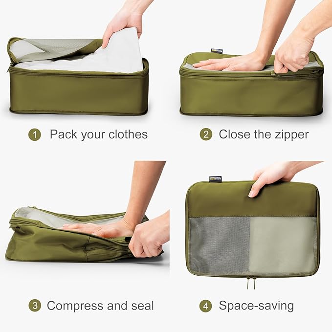 4 Set Compression Packing Cubes for Travel, Suitcases and Backpack Space Saving Organizers (Army Green)