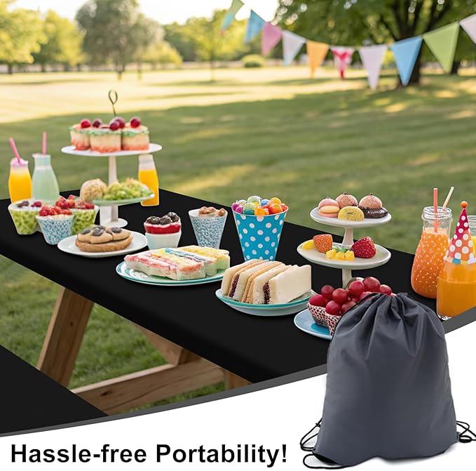 Smiry Picnic Table Cover with Bench Covers, Waterproof Elastic Fitted Polyester Tablecloths for 8 Ft Rectangle Tables, Washable Windproof Tablecloth for Camping, RV & Outdoor (Black, 30x96 Inches)