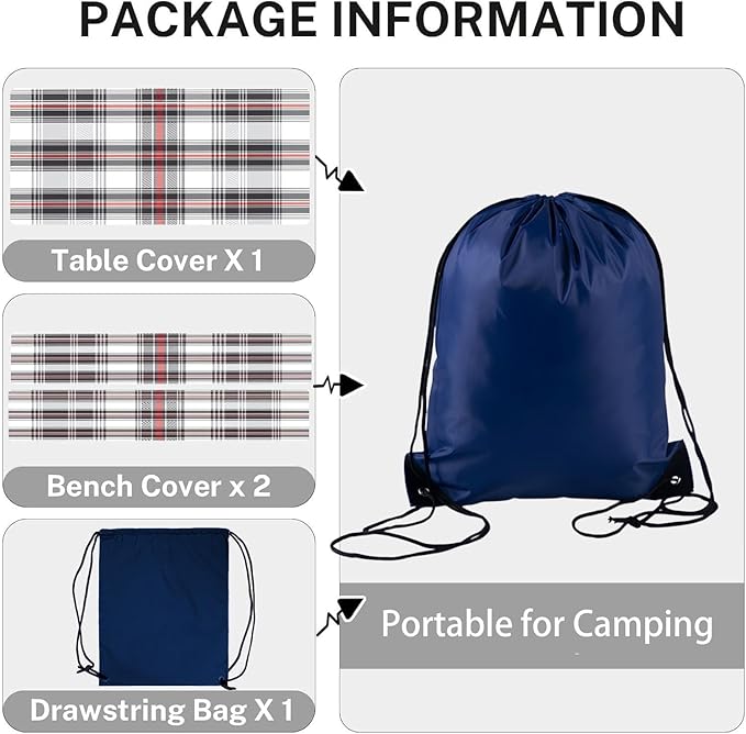 CAPSCEOLL Fitted Picnic Table Cover with Bench Covers with Elastic 8Ft Waterproof Camping Picnic Table Cover Cloths for Outdoors Camping Tablecloth with Drawstring Bag, 96X30in, Grey Red