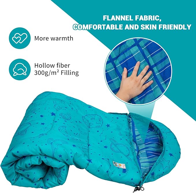 KingCamp 45° F Kids Sleeping Bag, Lightweight Waterproof & Compact Flannel Sleeping Bags Cold Weather & Warm Youth Essentials Gear Accessories for Camping, Fits 10-12 Children up to 5'5" Tall