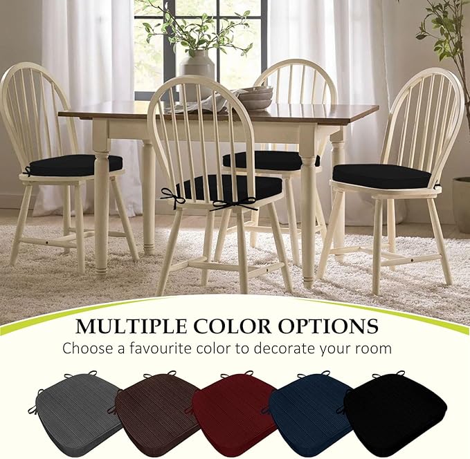Chair Cushions for Dining Chairs, Indoor Chair Cushions with Ties，Waterproof Chair Pads Set of 6, Black, 17x16x2.5 Inch