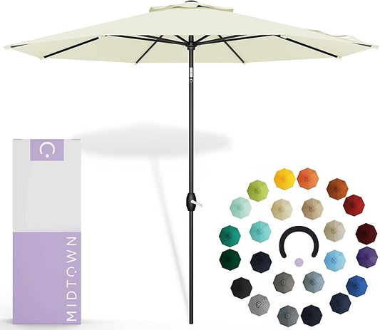 Midtown Umbrellas Sunbrella Umbrella 9 Feet Outdoor Umbrella With Canvas Natural Acrylic Fabric - Auto-Tilt Aluminum Frame Patio Umbrella For Backyard, Deck, Garden, Pool - Black Pole