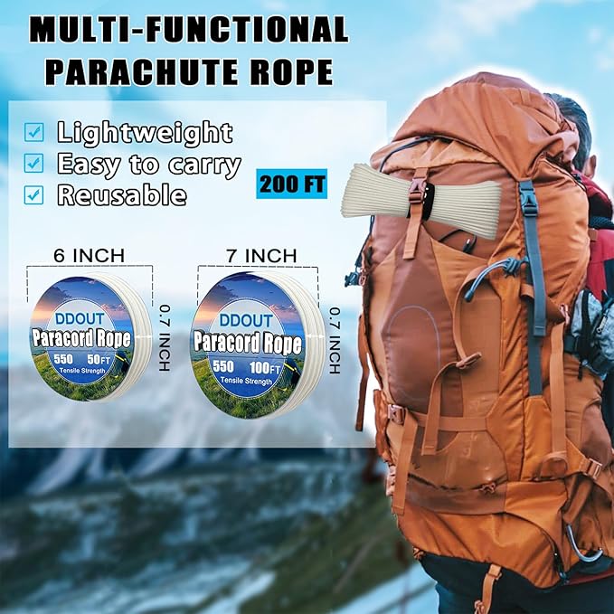 Paracord Nylon Rope with 7-Strand Core, 10 Colors and 50/100/200 ft, Type III Parachute Cord 4mm for Camping, Survival, Hiking, DIY, Crafting, Outdoor Utility Rope