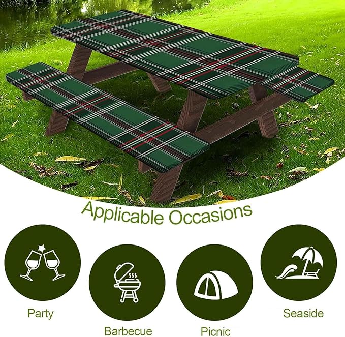 CAPSCEOLL Fitted Picnic Table Cover with Bench Covers with Elastic 6Ft Waterproof Picnic Table Cover for Outdoors Camping Tablecloth with Drawstring Bag, 72X30in, Christmas Green Buffalo Plaid