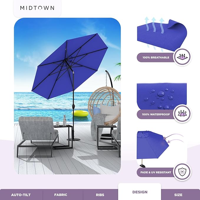 Midtown Umbrellas 10-Year-No-Fade - 9 Ft - UV Proof Midnight Blue Polyester Fabric - Umbrella Outdoor Patio, Auto-Tilt Aluminum Frame Patio Umbrella for Garden, Pool & Deck - Black Pole