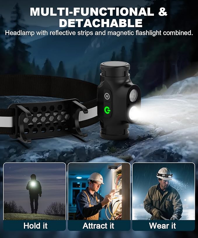 Rechargeable Running Headlamp, 1500 Lumens Bright Head Lamp Led with Motion Sensor, 4 Modes, Magnet, Detachable Flashlight & Headband for Adult, Outdoor, Emergency, Hard Hat Light 2PC