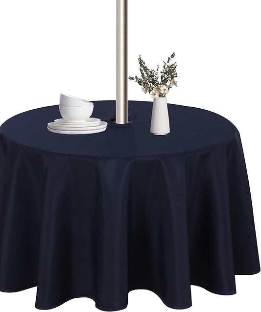 LUSHVIDA Round Outdoor Tablecloth with Umbrella Hole and Zipper, 60 Inch Navy, Washable Waterproof Table Cloth Spill Proof Wrinkle Free Table Cover for Patio Spring Summer Picnic BBQS