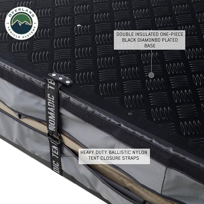 Overland Vehicle Systems HD Nomadic 4 Extended Soft Shell Roof Top Tent - Dark Gray Base with Green Rain Fly & Black 1000G PVC Travel Cover - Black Aluminum Base