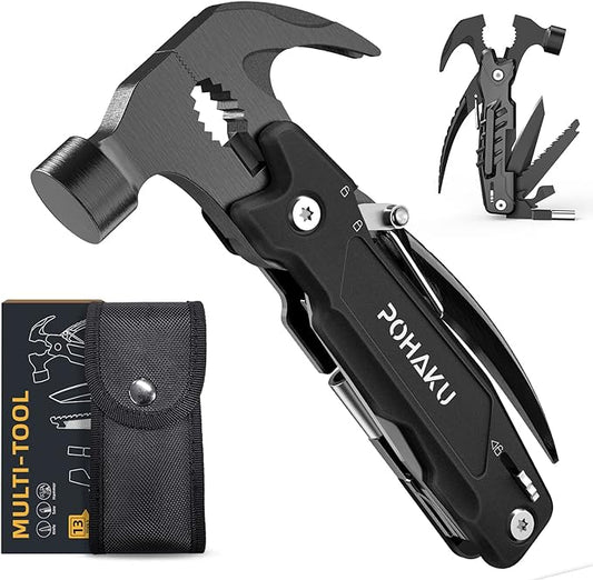 Pohaku 14-in-1 Multitool Hammer, Pohaku Multitool with DIY Stickers, Safety Lock, Screwdriver Bits Set and Durable Nylon Sheath, Multi Tool for Outdoor, Ideal Gifts for Father, Husband, Boyfriend