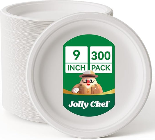 JOLLY CHEF Compostable Heavy Duty Plates 9 Inch [300 Pack] Eco-Friendly Disposable Natural Paper Plates Bagasse Biodegradable Bulk for Party Dinner Sugarcane Fibers Round 300 Count(White)
