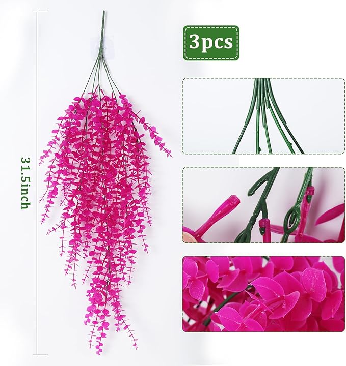 RECUTMS Artificial Plants Fake Hanging Vine Plant Hanging Eucalyptus Vine Artificial Leaves Greenery Plastic Plants for Indoor Bedroom Wall Decoration Outdoor Porch Home Wedding Decor(Pure Fuchsia)