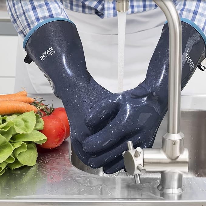 DEYAN Silicone BBQ Gloves, 932°F Heat Resistant Oven Gloves with Fingers, Kitchen Waterproof Hot Proof Glove for Fryer, Smoker, Baking, Cooking, Cutting(9/L)