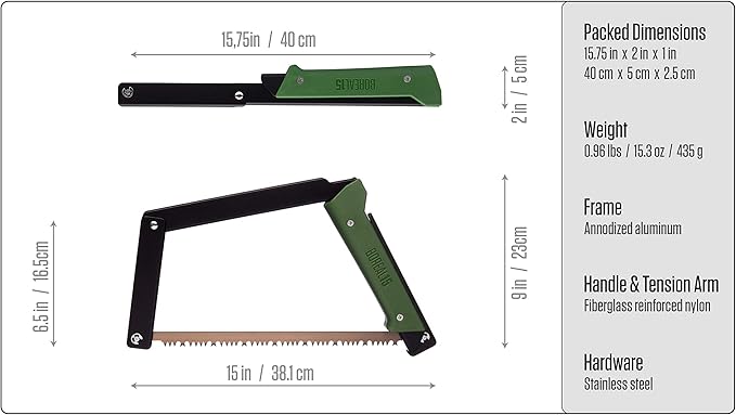 AGAWA - BOREAL15 -> 15 Inch Folding Bow Saw (Black Frame - Green Handle - All Purpose Blade)