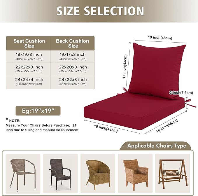 Outdoor Chair Cushions, Waterproof Outdoor Cushions for Patio Furniture w/Fade-Resistant, Removable & Machine-Washable Covers, 19x19 Inch, Ideal for Seat in Gardens/Porch – Set of 1/2/4, Burgundy