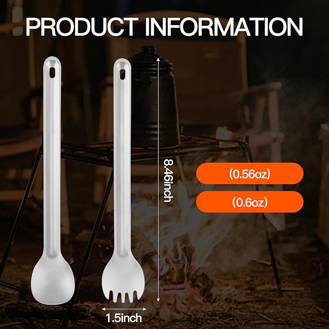 Titanium Camping Utensil Set Lightweight Titanium Flatware Tableware Cutlery Long Spork and Spoon with Carrying Bag for Traveling Picnic Hiking