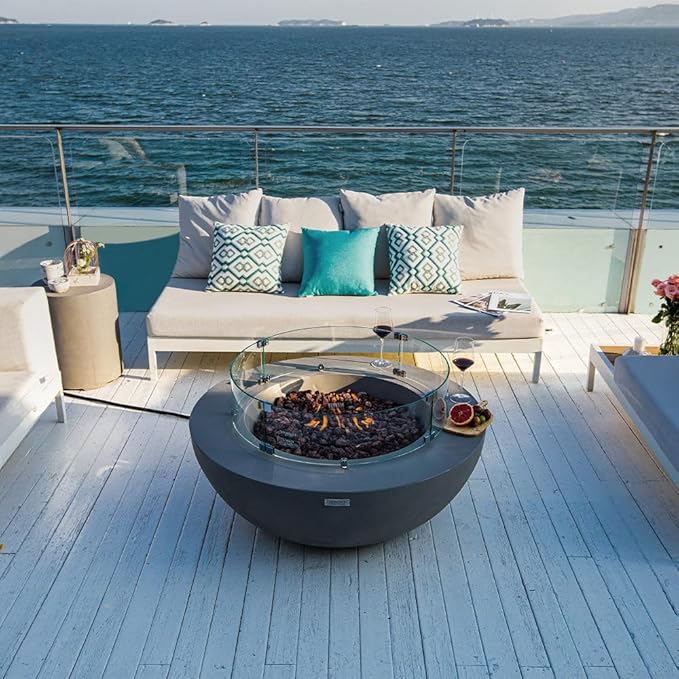 Elementi Lunar Fire Bowl Outdoor Gas Firepit Table 42 Inches Natural Gas Fire Pit Patio Heater Concrete High Floor Clearance Firepits Electronic Ignition Backyard Fireplace Cover Lava Rock Included