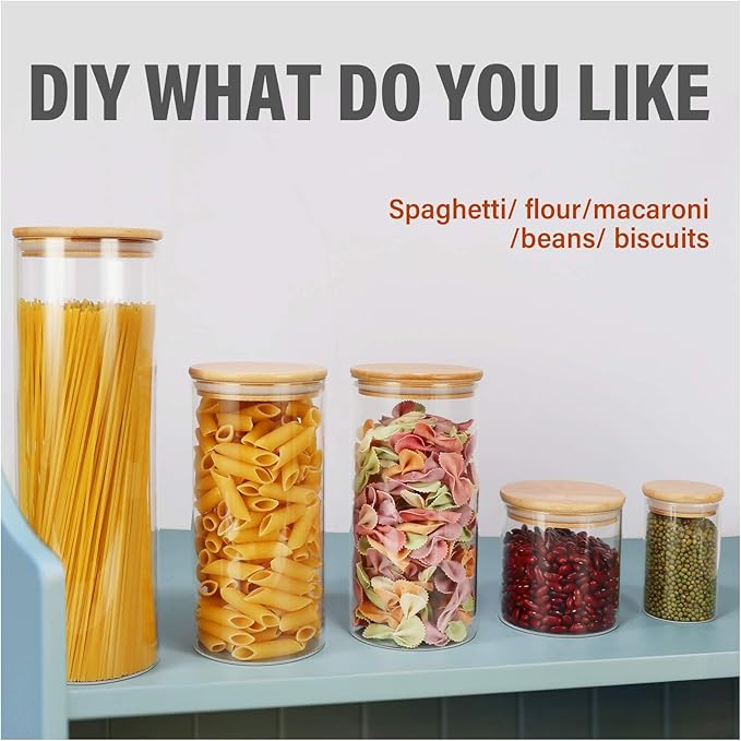 Glass Food Storage Containers Jars with Airtight Bamboo Lid 12 oz 9 pcs, 340 ml Pantry Organization Jar, Glass Terrarium with Lid, Spice, Flour and Sugar Container, Canister Set for Kitchen Counter