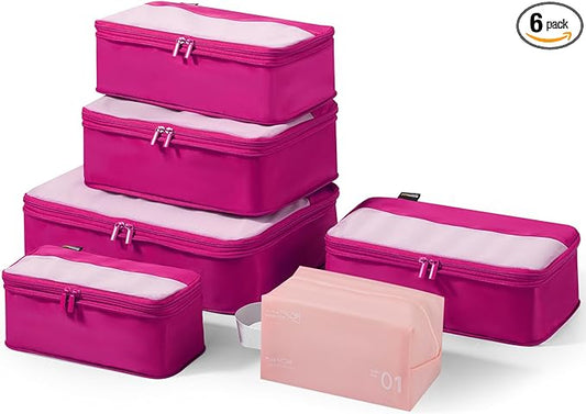 6 Set Compression Packing Cubes for Travel Essentials, Luggage Organizers for Suitcases (Rose Red)