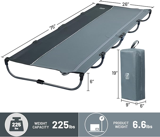 TIMBER RIDGE Lightweight Aluminum Camping Cot, 20-Second Quick Set-Up Folding Cot with Zipper Closure, Portable Carry Bag Included for Camping, Travel and Outdoors, Support up to 225lbs, Grey 2pcs