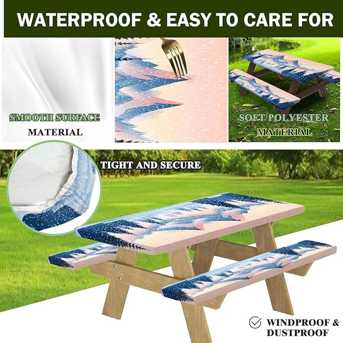 CAPSCEOLL Elastic Picnic Table Cover with Bench Covers 5Ft Waterproof Fitted Picnic Table Cover Cloths for Outdoors Camping Tablecloth with Drawstring Bag, 60X30in, Snow Mountain