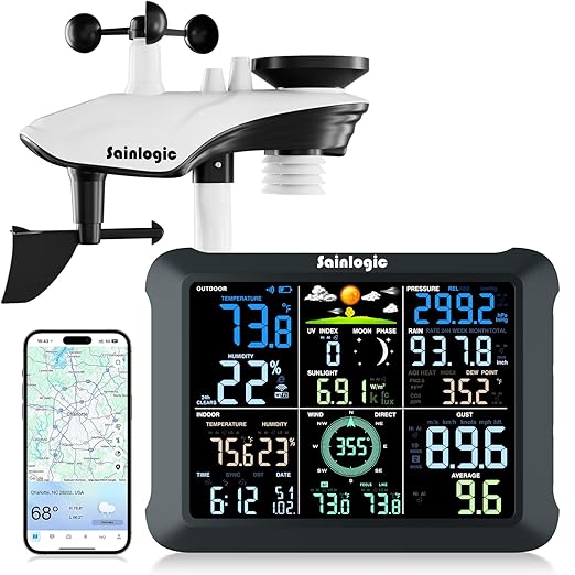 Sainlogic WiFi Smart Weather Station SA9 with 24H/ 7Days Accurate Weather Forecast by Weatherseed® AI, 8.5" Large Display,UV,Sun Light,Rain Gauge,Wind Gauge,2-Year Data Storage & Export（Only 2.4G）