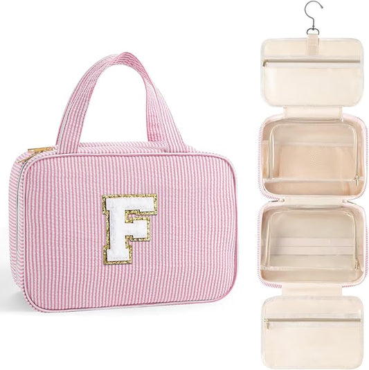 TOPEAST Gifts for Friends - Friendship Gifts for Women, Travel Toiletry Bag for Women, Hanging Toiletry Bag, Monogrammed Initial Tolietry Pouch Makeup Bag - Letter F, Pink