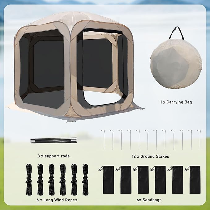 Pop-Up Screen House Tent, 10x10 Feet Outdoor Gazebo with Carry Bag, Stakes, Wind Ropes, Sand Bags, Portable Mosquito Net Canopy with UV Protection & Ventilation for Camping, Patio, Backyard, Garden